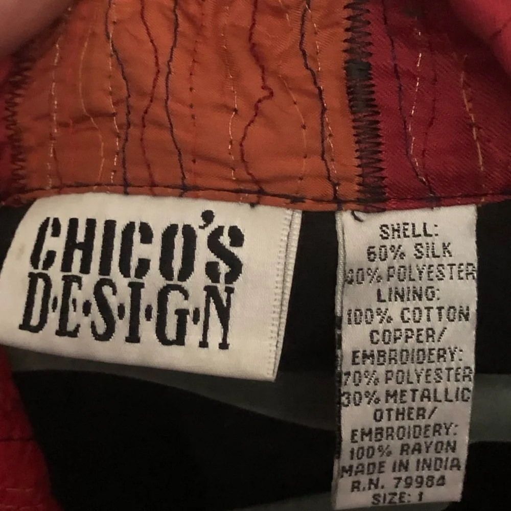 Chico’s Design Multi Red Tones Silk Blend Soft Cotton Lined Vintage Jacket Large - Picture 8 of 8